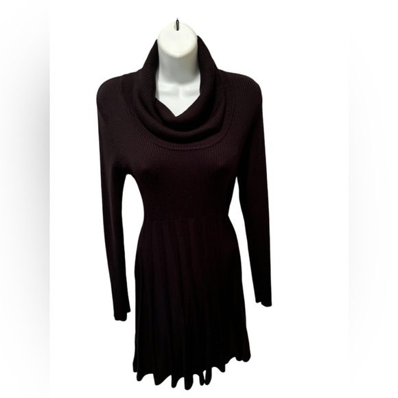 Calvin Klein Sweater Dress Sz M Black Cowl Neck Pleated Midi Skirt Business - Picture 2 of 6